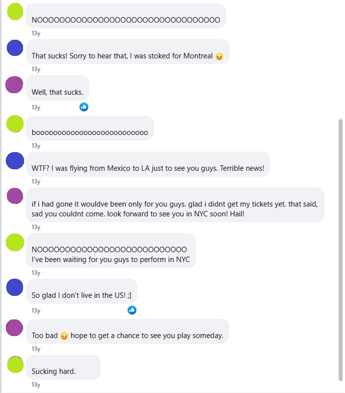 Facebook reaction to Cancelled Tour