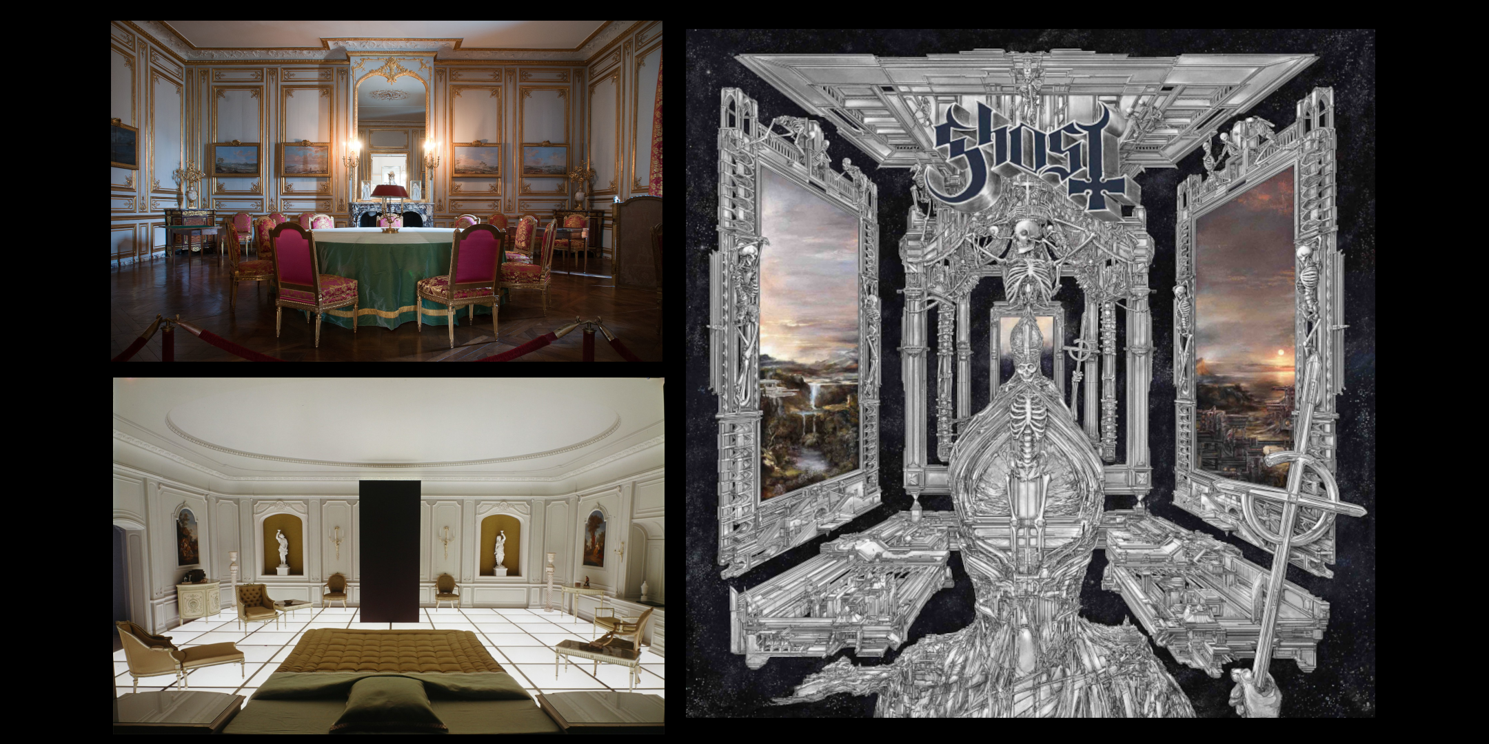 a neoclassical room with the bedroom from 2001:A Space Odyssey and Skeleta Album Cover